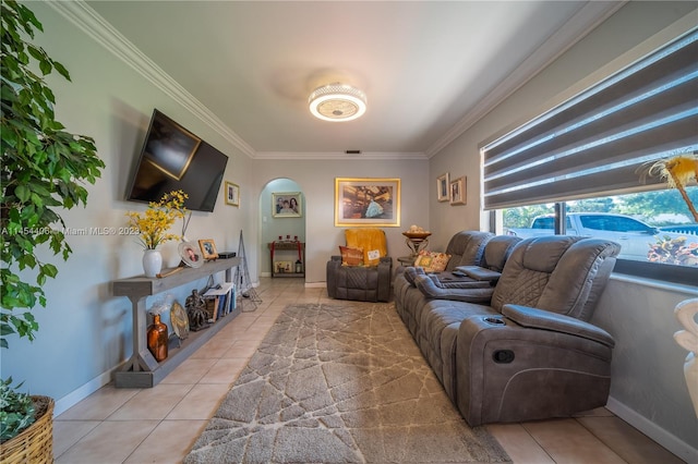 living room with light tile floors and crown molding