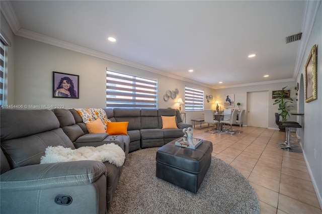 tiled living room featuring ornamental molding