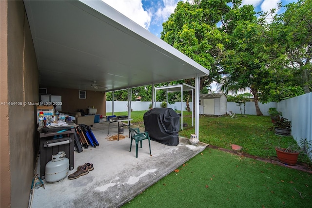 view of yard with a shed and a patio