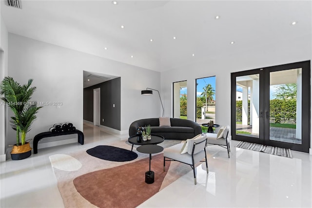 tiled living room with french doors