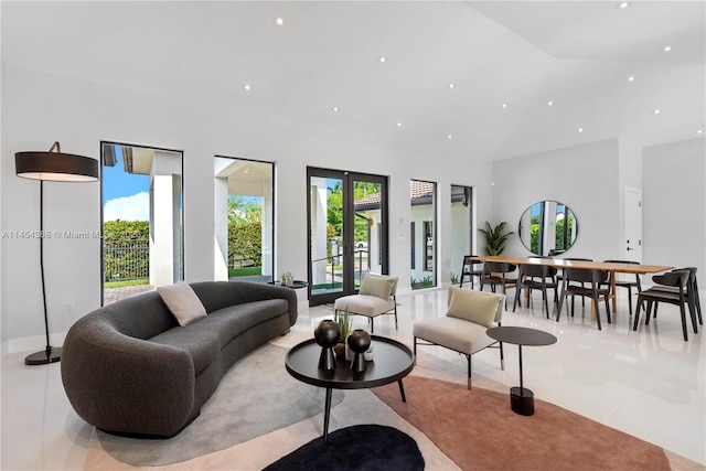 tiled living room with french doors