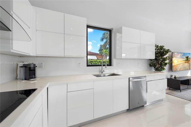 kitchen with sink, light tile floors, white cabinets, dishwasher, and black electric cooktop