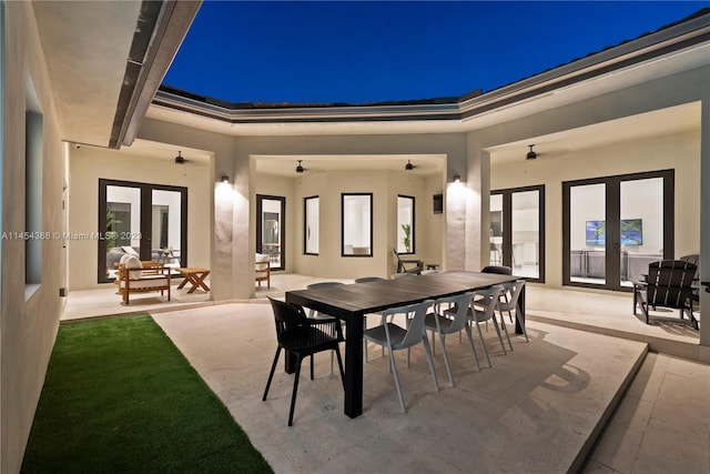 patio terrace at twilight with french doors