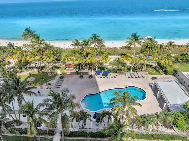 aerial view with a view of the beach and a water view