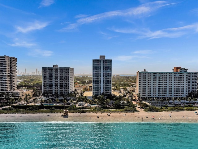 view of swimming pool with a beach view and a water view