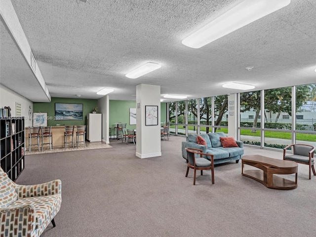 living room featuring a wall of windows, carpet, and a textured ceiling