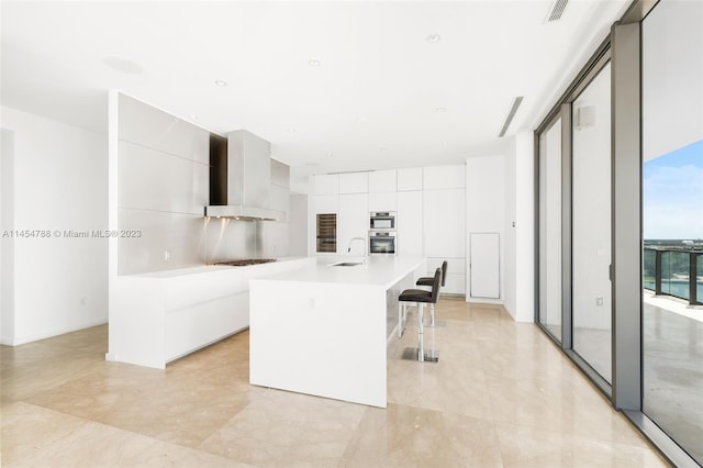 kitchen featuring sink, a kitchen breakfast bar, white cabinets, custom range hood, and a center island with sink