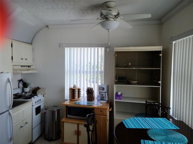 kitchen with ceiling fan, ventilation hood, stainless steel appliances, a textured ceiling, and white cabinetry