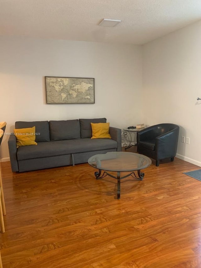 living room with hardwood / wood-style flooring and a textured ceiling