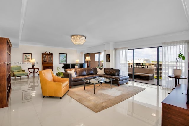 tiled living room with ornamental molding