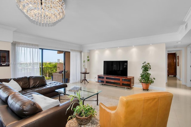 tiled living room with a notable chandelier and ornamental molding