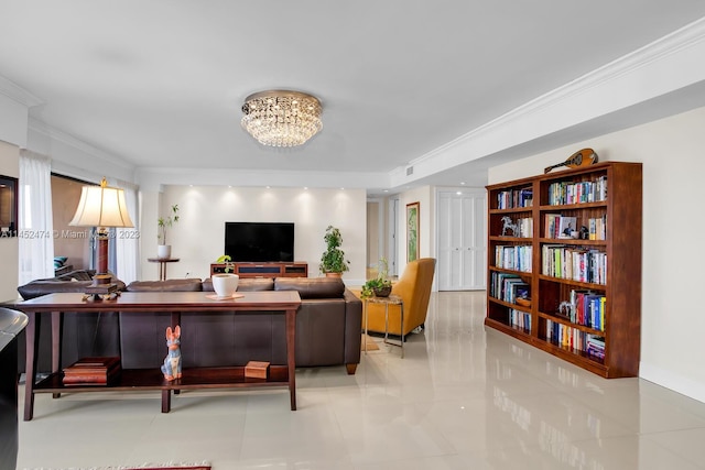 tiled living room with a chandelier and crown molding