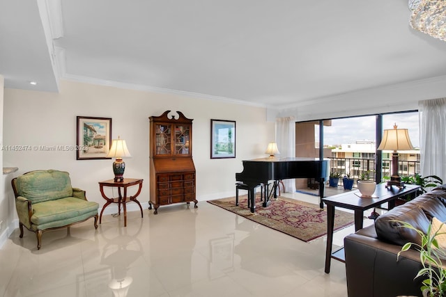 tiled living room with ornamental molding