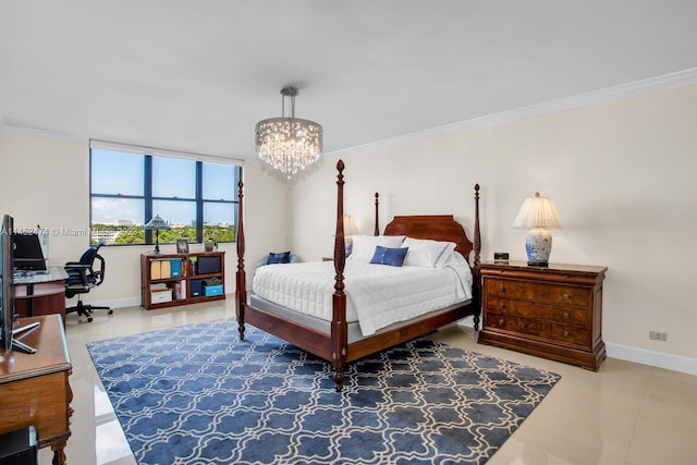 tiled bedroom featuring a chandelier and crown molding