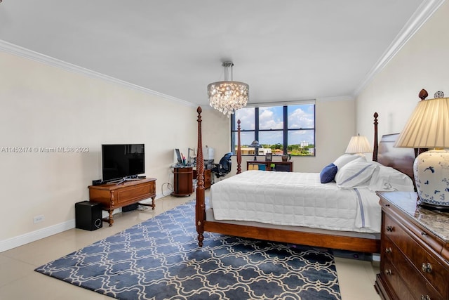 bedroom with tile floors, a notable chandelier, and crown molding