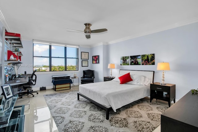 tiled bedroom with ornamental molding and ceiling fan