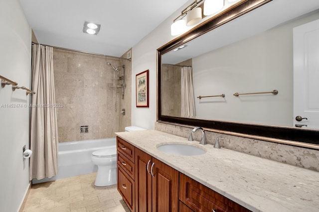 full bathroom with shower / bath combination with curtain, toilet, vanity, and tile flooring