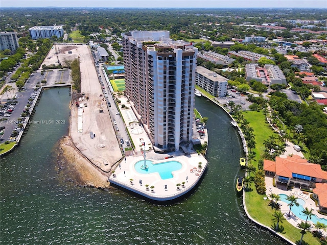 drone / aerial view with a water view