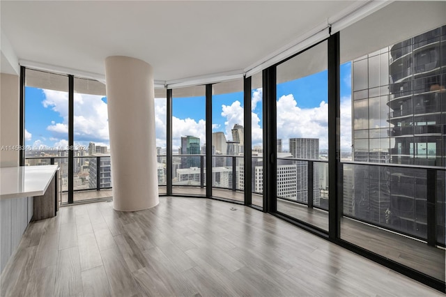 unfurnished room featuring a wall of windows and light hardwood / wood-style flooring