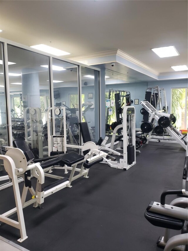 gym with plenty of natural light and ornamental molding