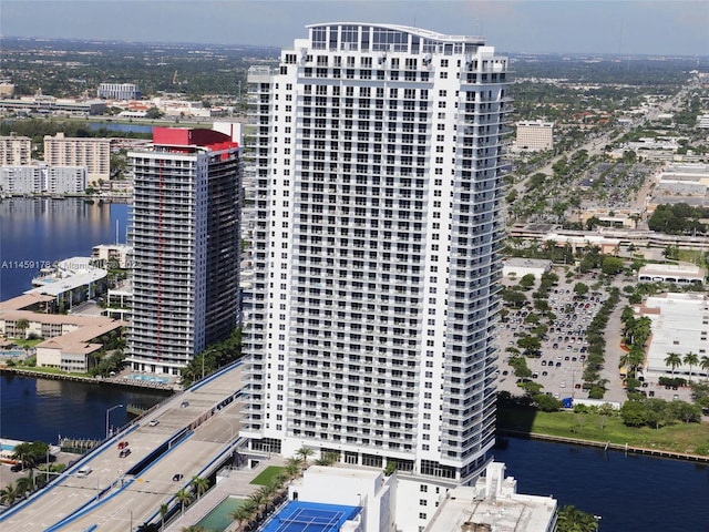 bird's eye view with a water view