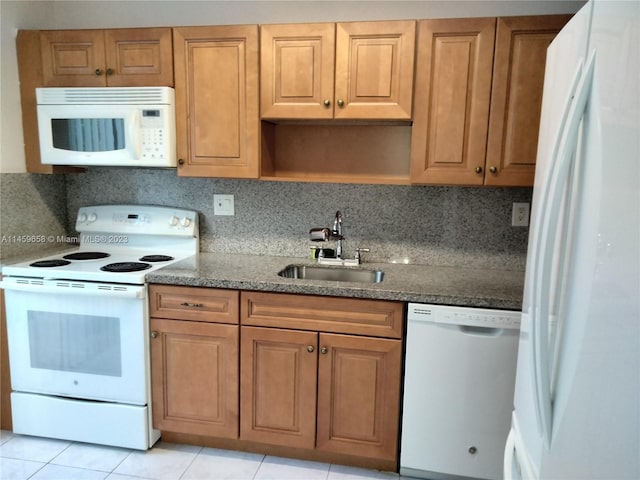 kitchen featuring white appliances, backsplash, and sink