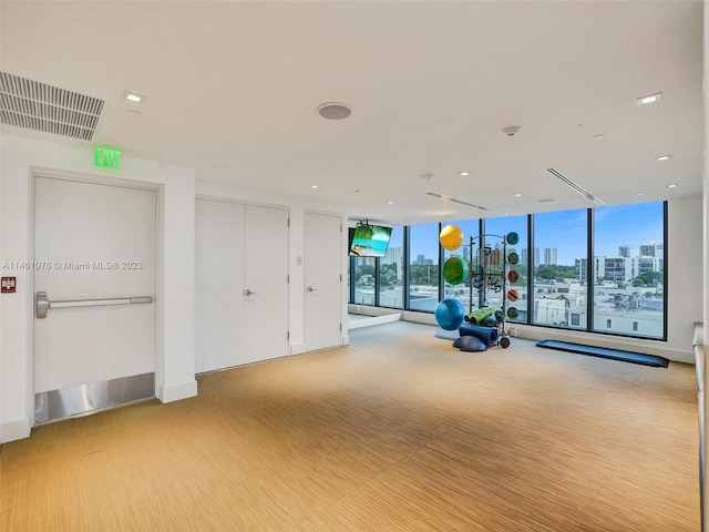 exercise room with light hardwood / wood-style floors and expansive windows