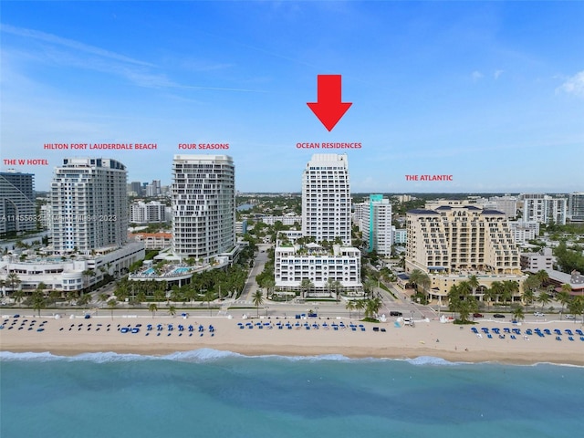 aerial view with a water view and a view of the beach