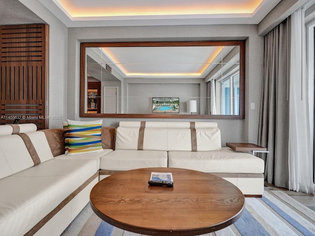 living room featuring a tray ceiling