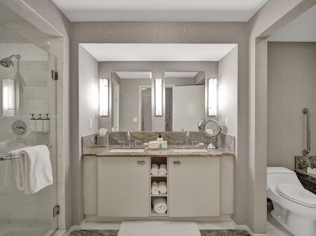 bathroom with walk in shower, toilet, dual bowl vanity, and tile flooring