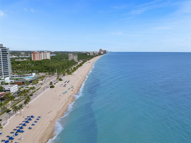 bird's eye view featuring a view of the beach and a water view