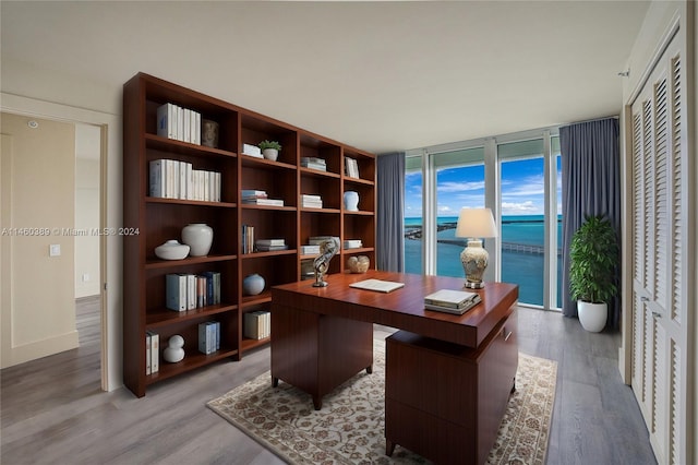 office area featuring a water view, light wood-type flooring, and floor to ceiling windows