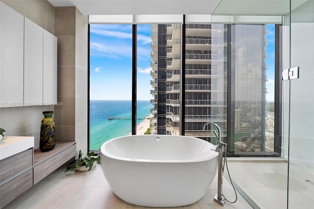 bathroom featuring tile walls, plenty of natural light, and tile floors