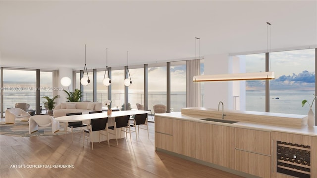 interior space featuring hanging light fixtures, sink, and light wood-type flooring