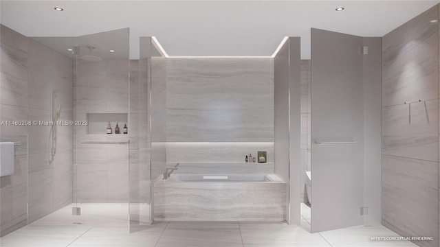 bathroom with shower with separate bathtub and tile floors