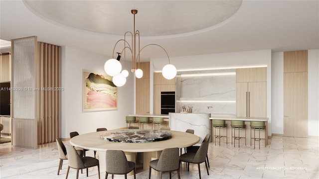 tiled dining space with a raised ceiling and a notable chandelier