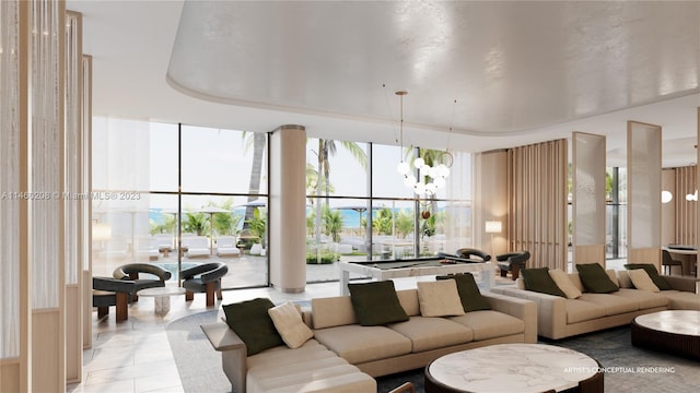 tiled living room featuring a notable chandelier, french doors, pool table, floor to ceiling windows, and a raised ceiling