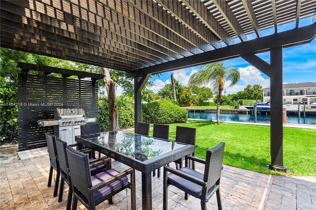 view of patio / terrace with a pergola, a water view, a dock, and grilling area