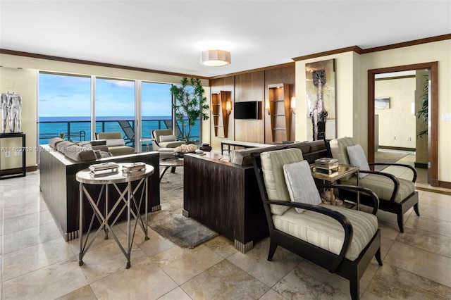 living room featuring crown molding, a water view, and light tile floors