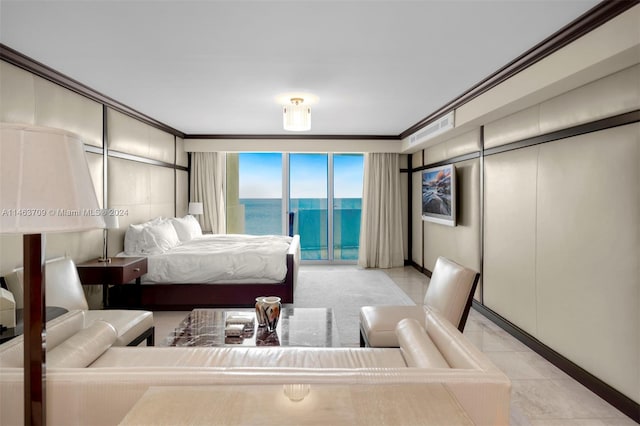 tiled bedroom featuring a water view, access to exterior, and crown molding