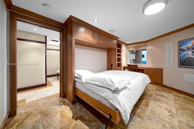 tiled bedroom with crown molding