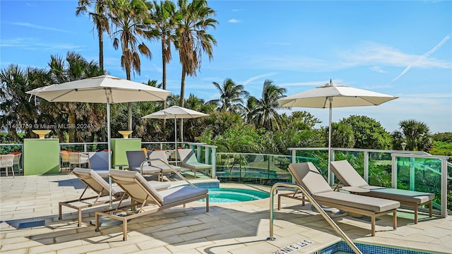 view of terrace featuring a swimming pool