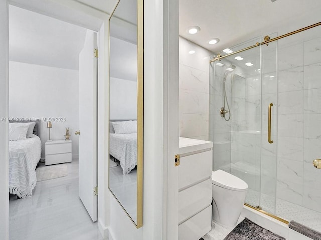 bathroom featuring an enclosed shower, toilet, and tile floors