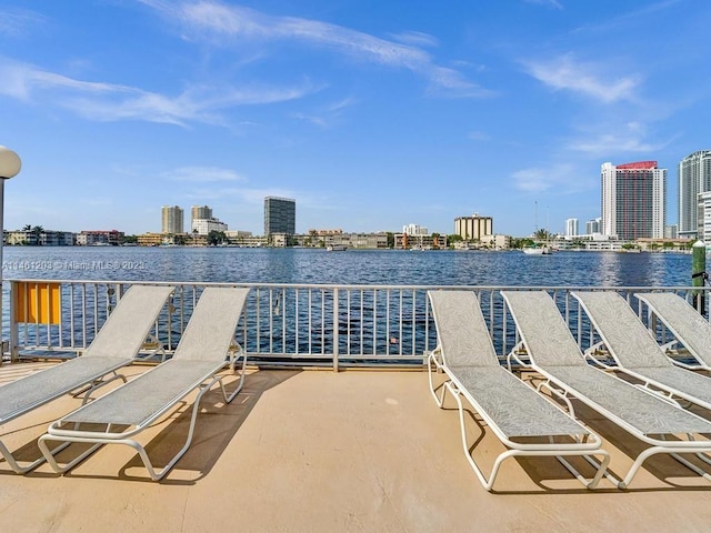 view of terrace featuring a water view