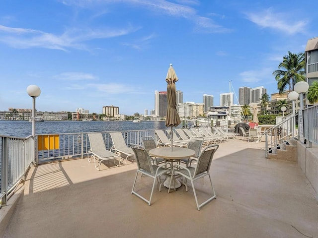 view of patio / terrace featuring a water view