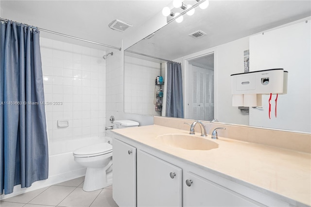 full bathroom featuring shower / bath combination with curtain, toilet, tile floors, and large vanity