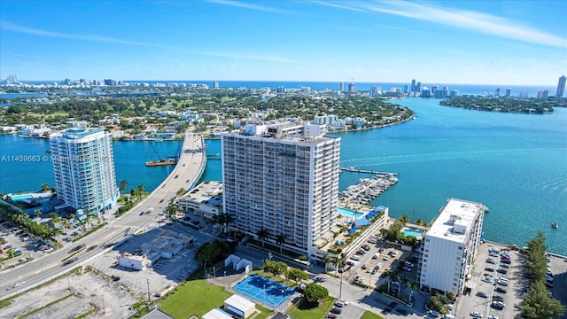 bird's eye view with a water view