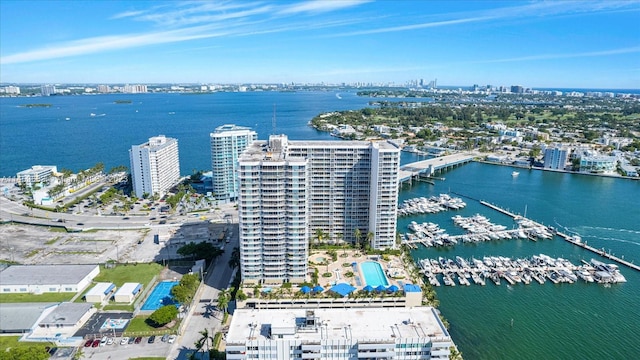 bird's eye view with a water view