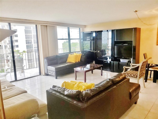 living room featuring light tile floors