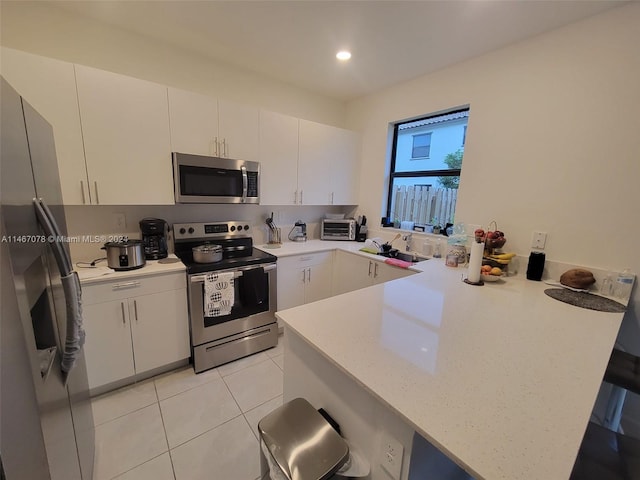 kitchen with kitchen peninsula, white cabinetry, and stainless steel appliances